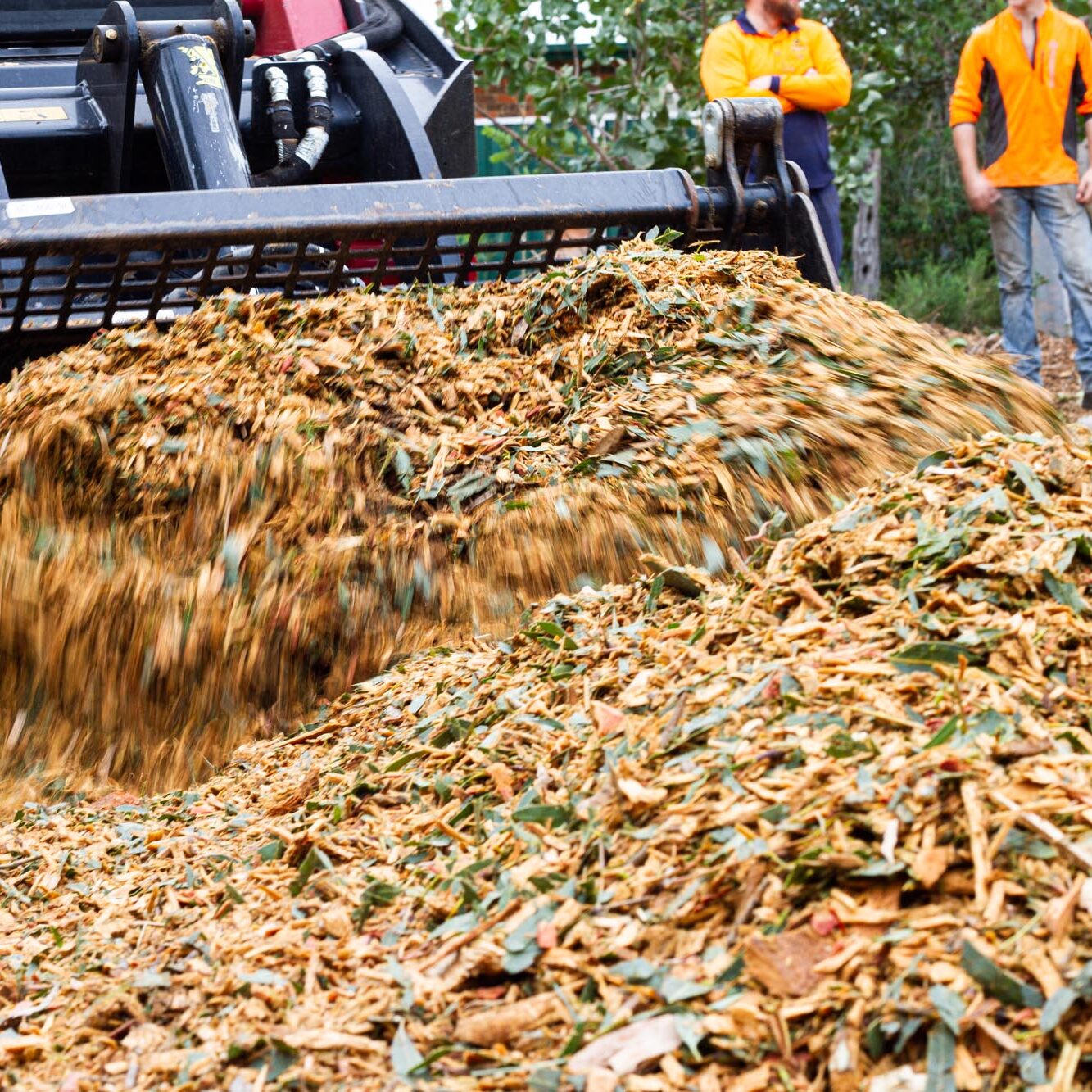 A large pile of mulch being dumped by a tractor at Arbortec Tree Service.